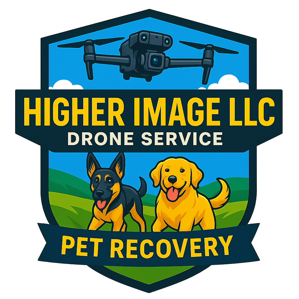 Logo of Higher Image LLC Drone Service featuring a DJI drone, a German Shepherd, and a Golden Retriever with the words “Pet Recovery.”